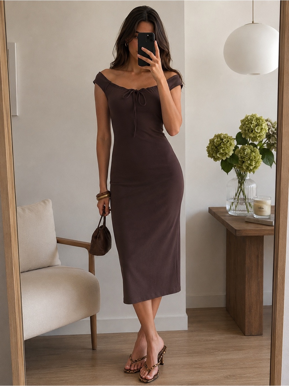 Reformation Milo Knit Maxi Dress Minimalist Off Shoulder Brown XS